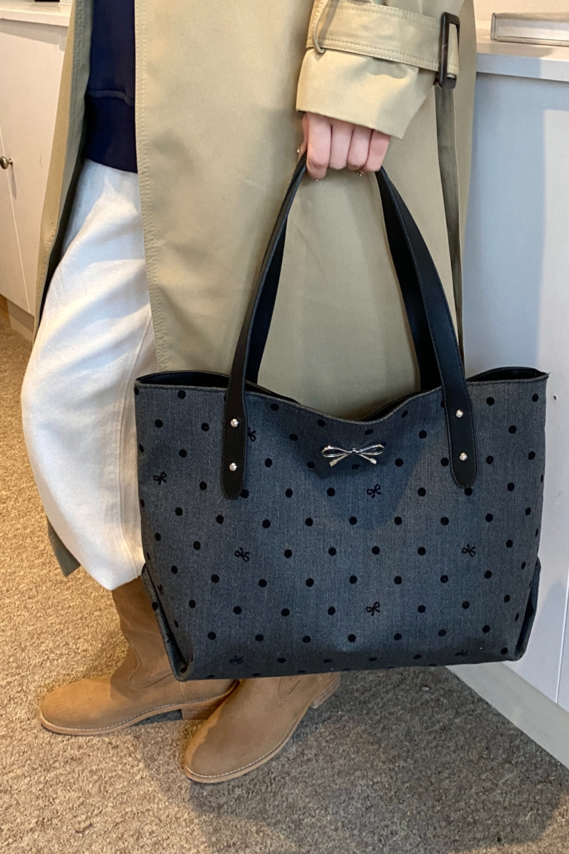 Polyester Bow Polka Dot Tote Bag 
