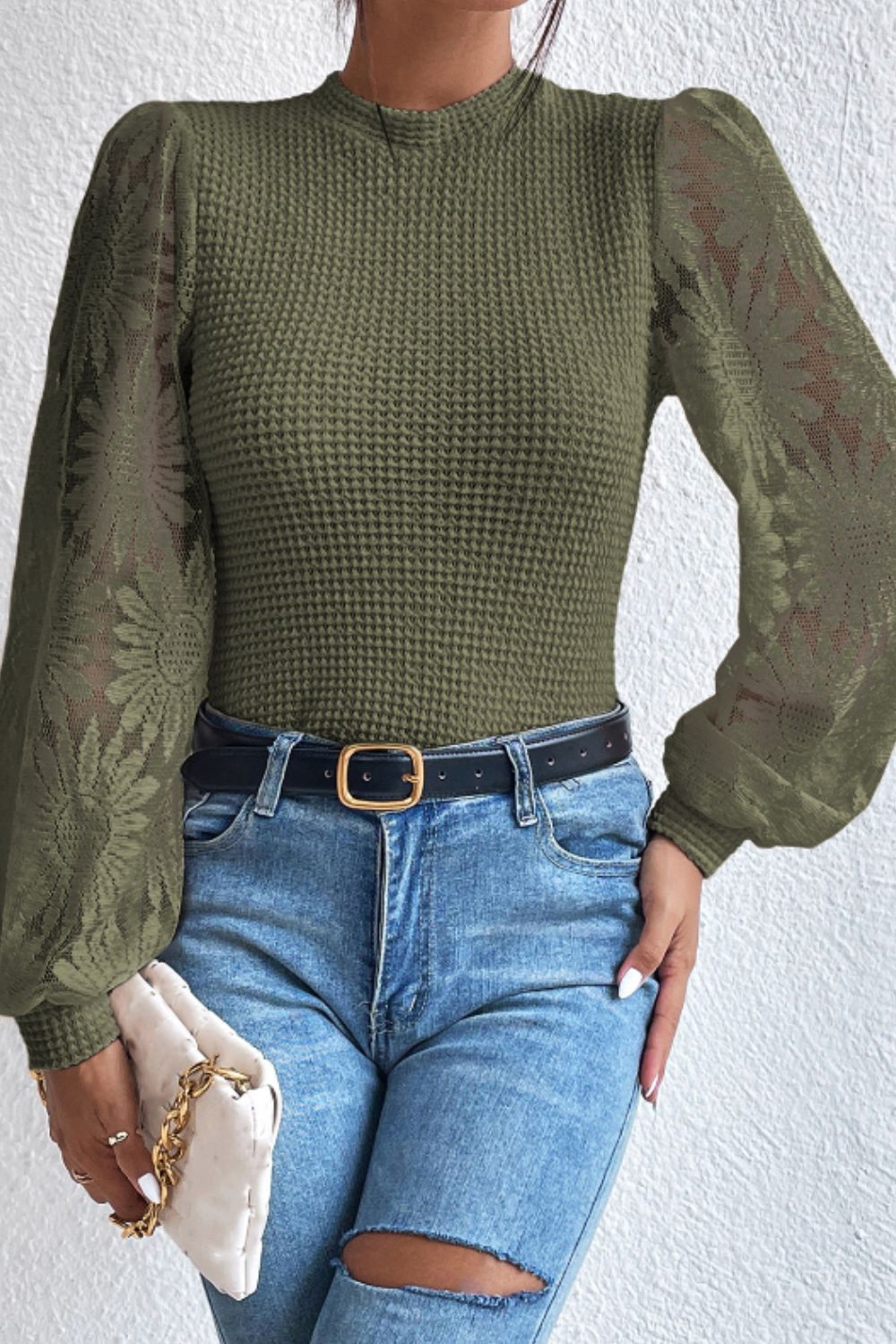 Mock Neck Lace Long Sleeve Top 