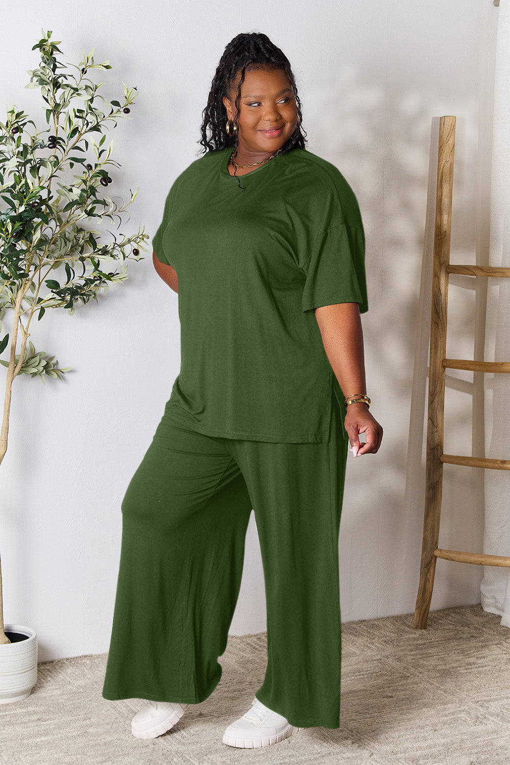 Double Take Full Size Round Neck Slit Top and Pants Set 