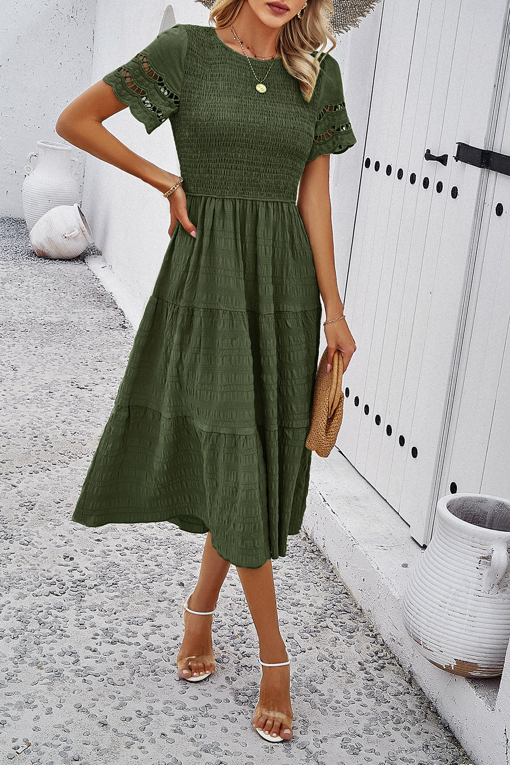 Devine Smocked Round Neck Short Sleeve Midi Dress 