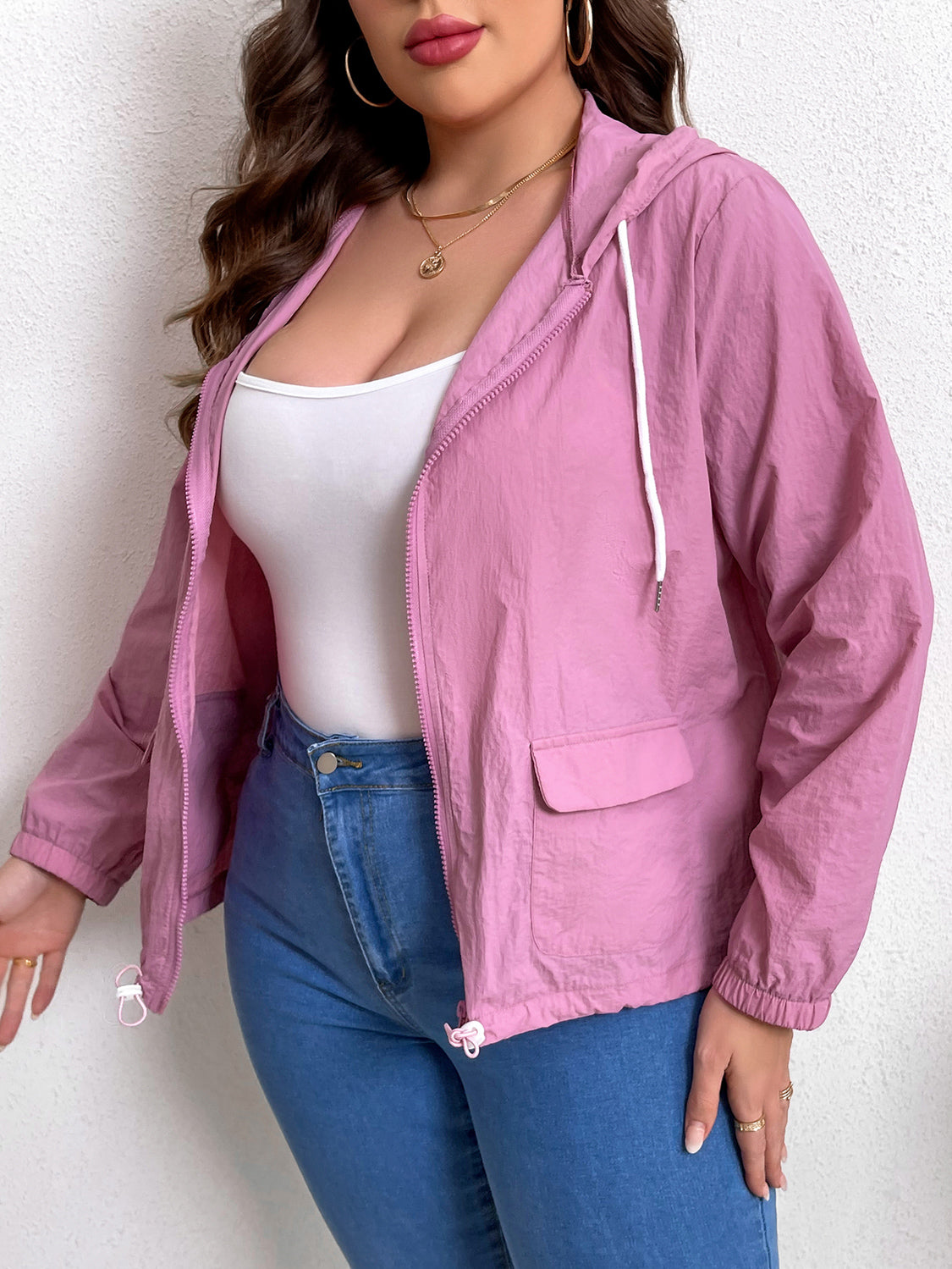 Plus Size Zip-Up Drawstring Hooded Jacket with Pockets 
