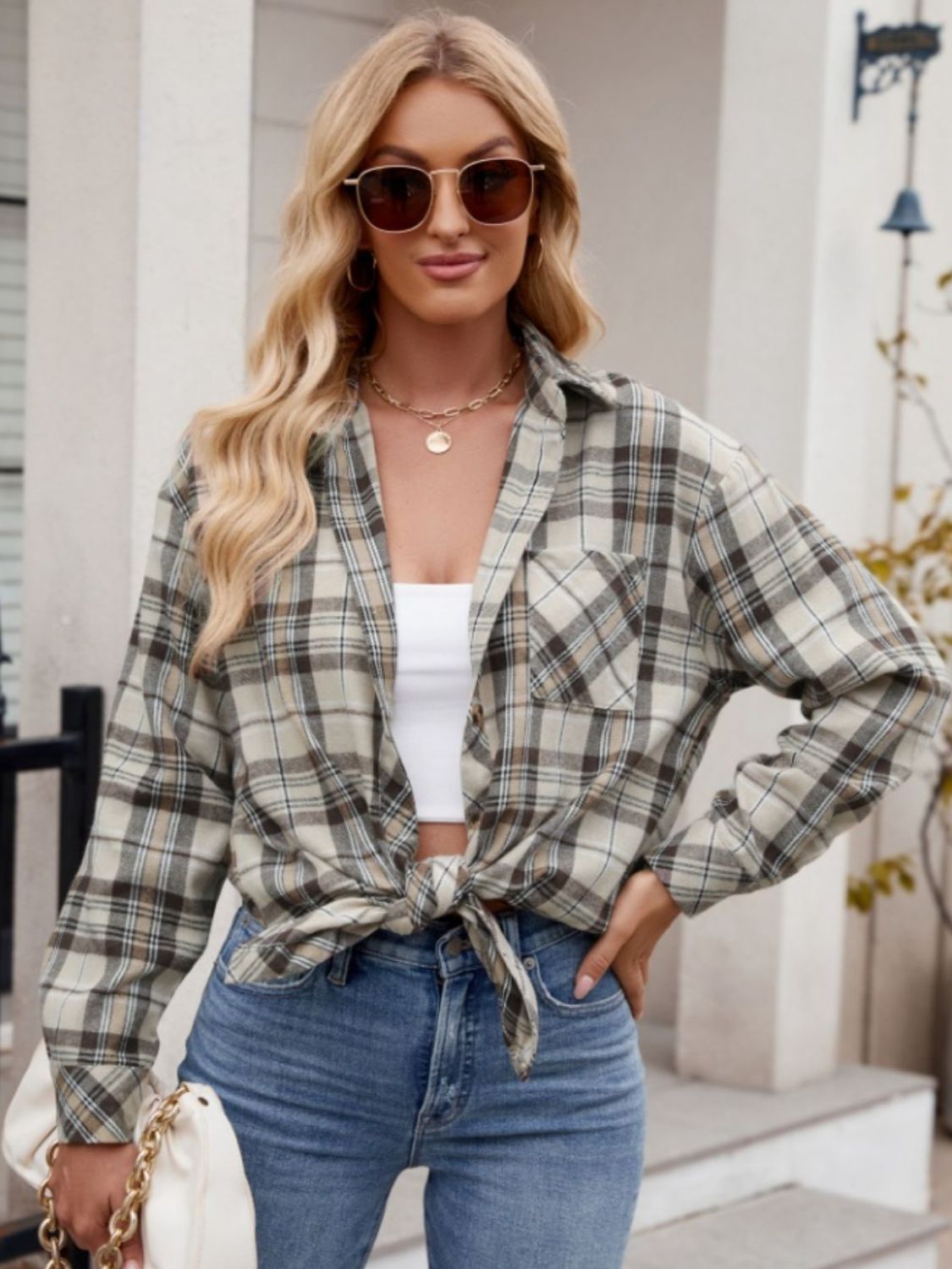 Mandy Pocketed Plaid Collared Neck Long Sleeve Shirt 