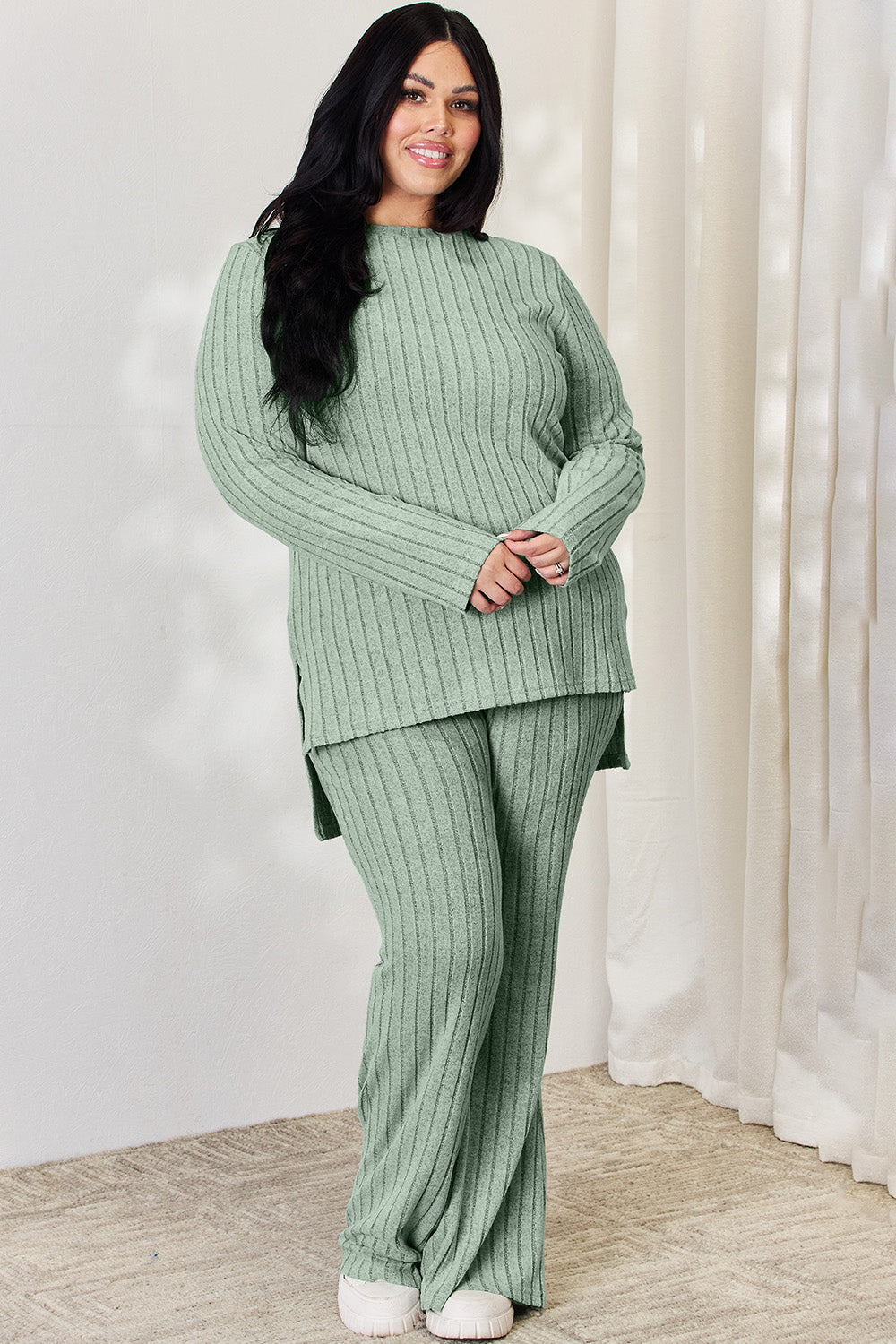Basic Bae Full Size Ribbed High-Low Top and Wide Leg Pants Set 
