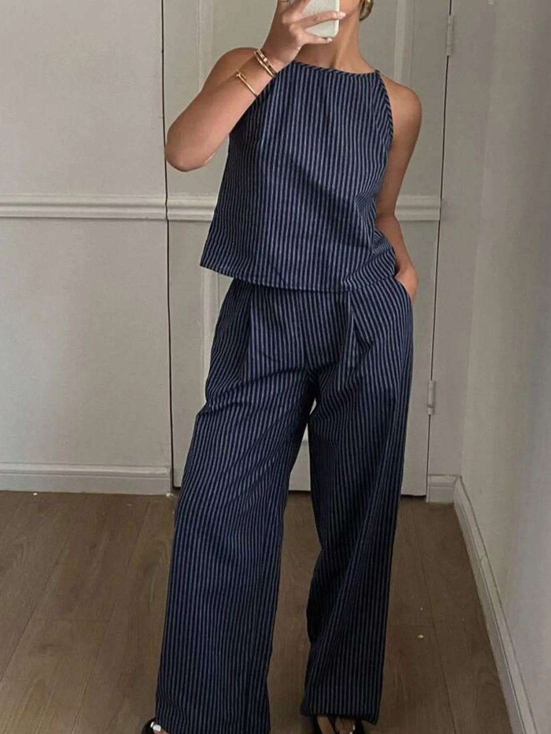 Striped Round Neck Tank and Wide Leg Pants Set Two Piece Dresses