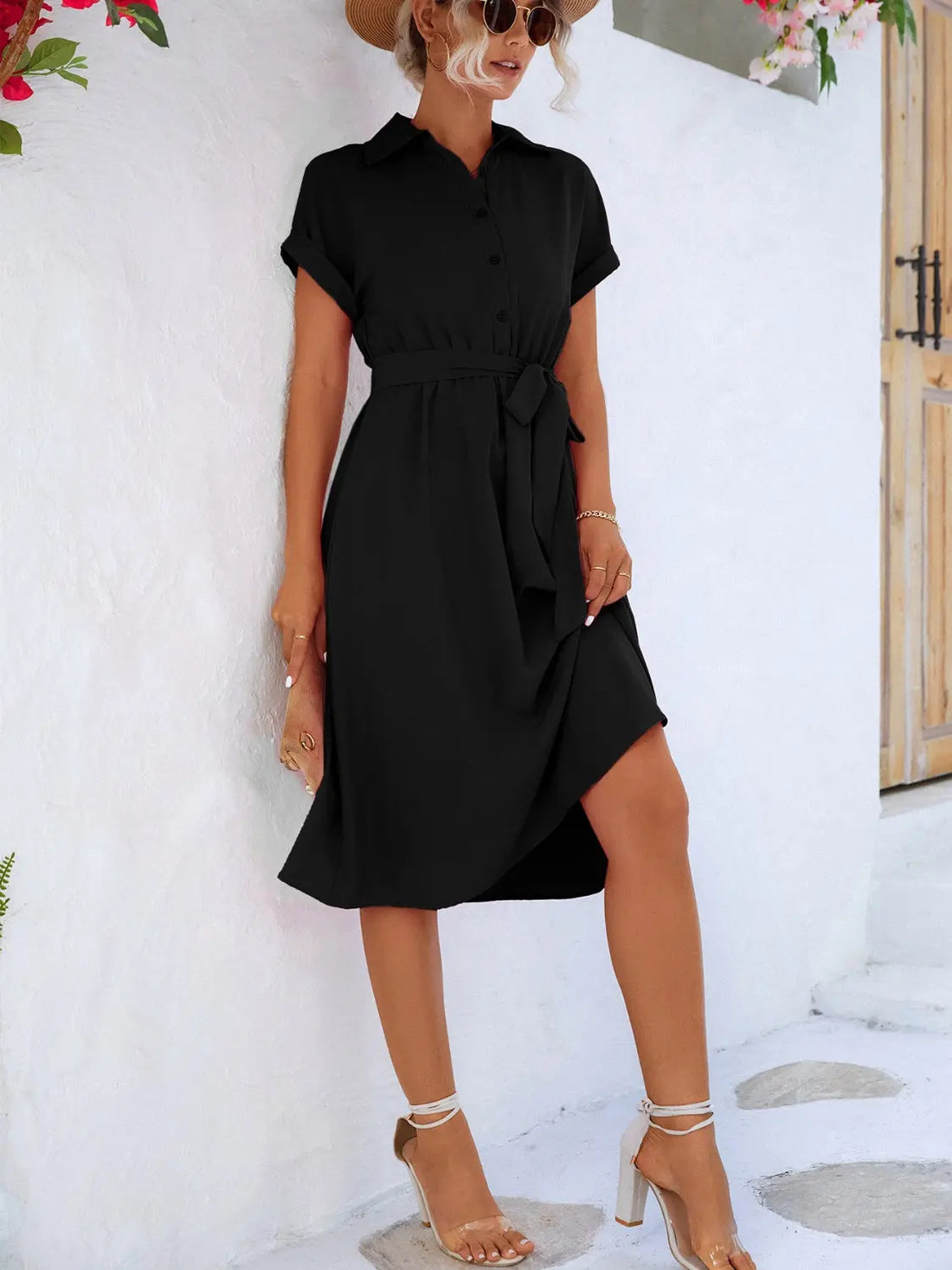 Buttoned Tie Waist Short Sleeve Dress 