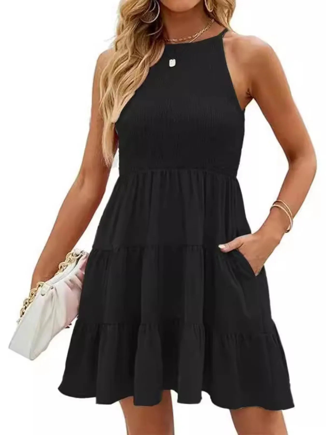 Full Size Sleeveless Smocked Tiered Summer Flare Dress Plus Size 