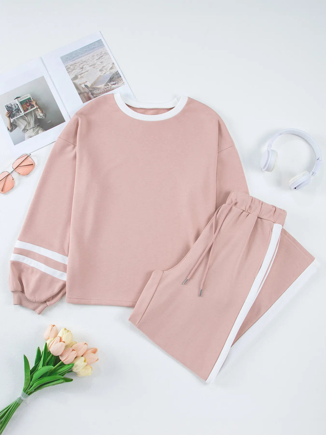 Contrast Trim Round Neck Top and Pants Set Two Piece Dresses