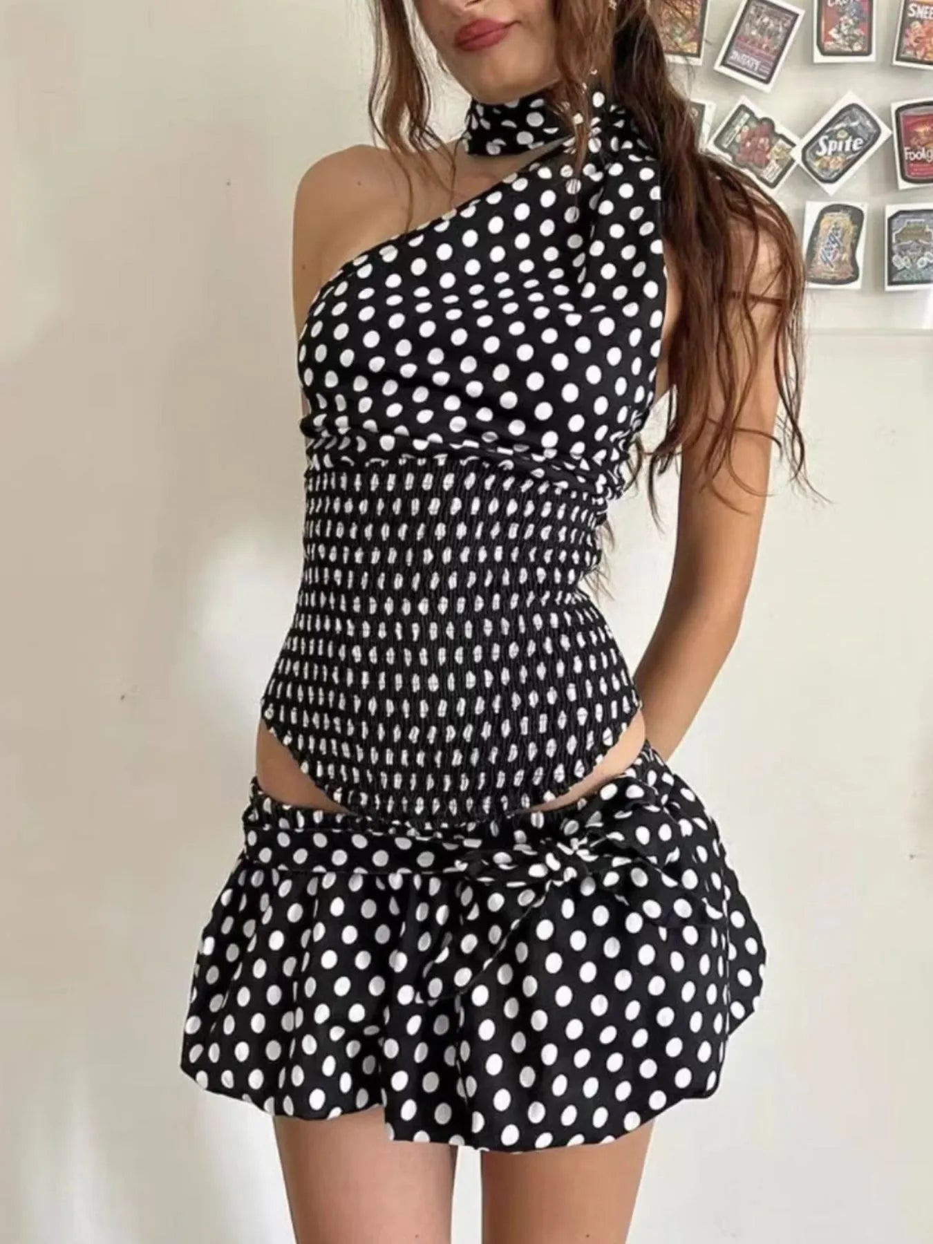 Polka Dot One-Shoulder Top and Mini Skirt Set Two Piece Dresses