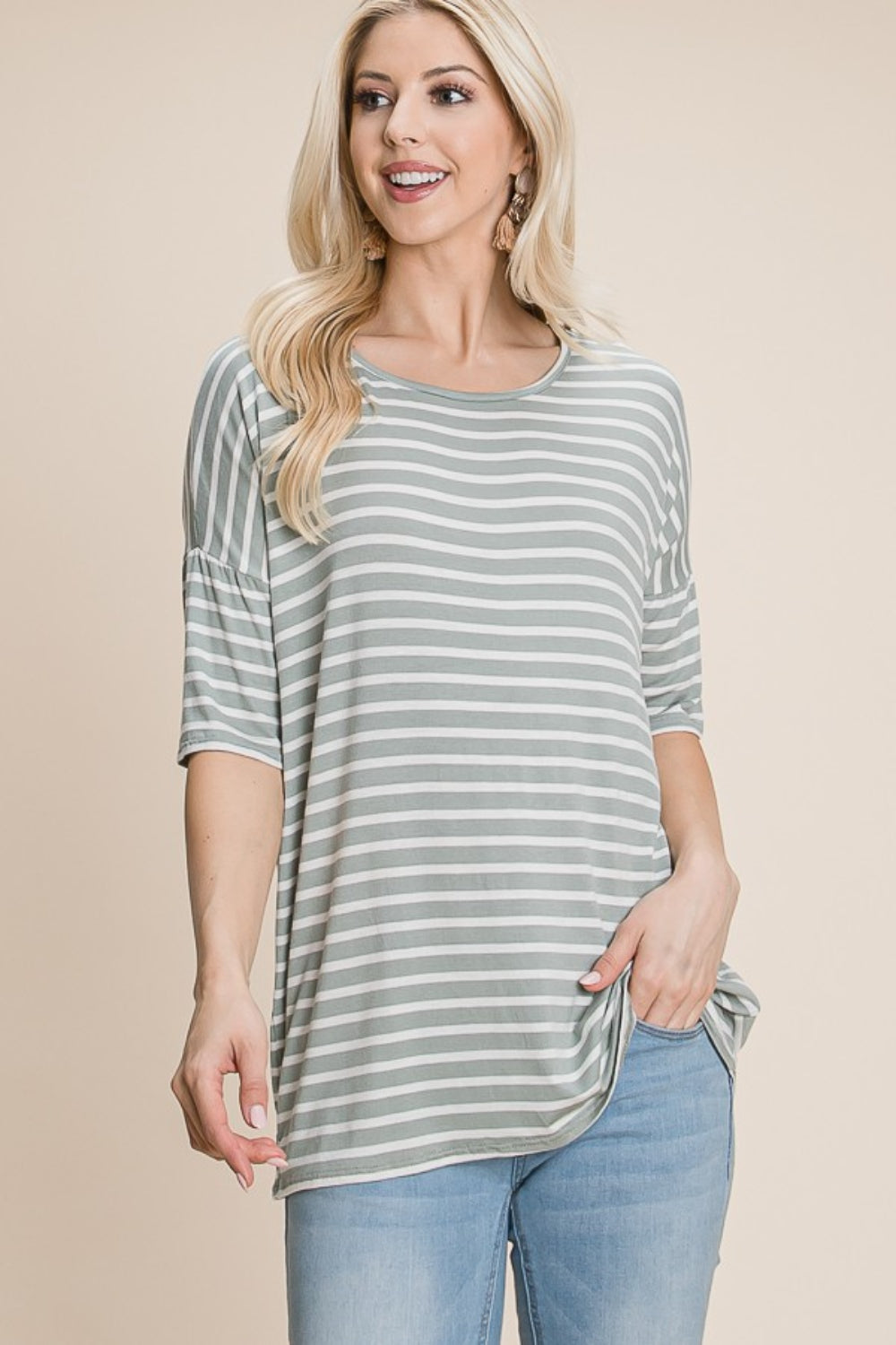 BOMBOM Striped Round Neck T-Shirt 