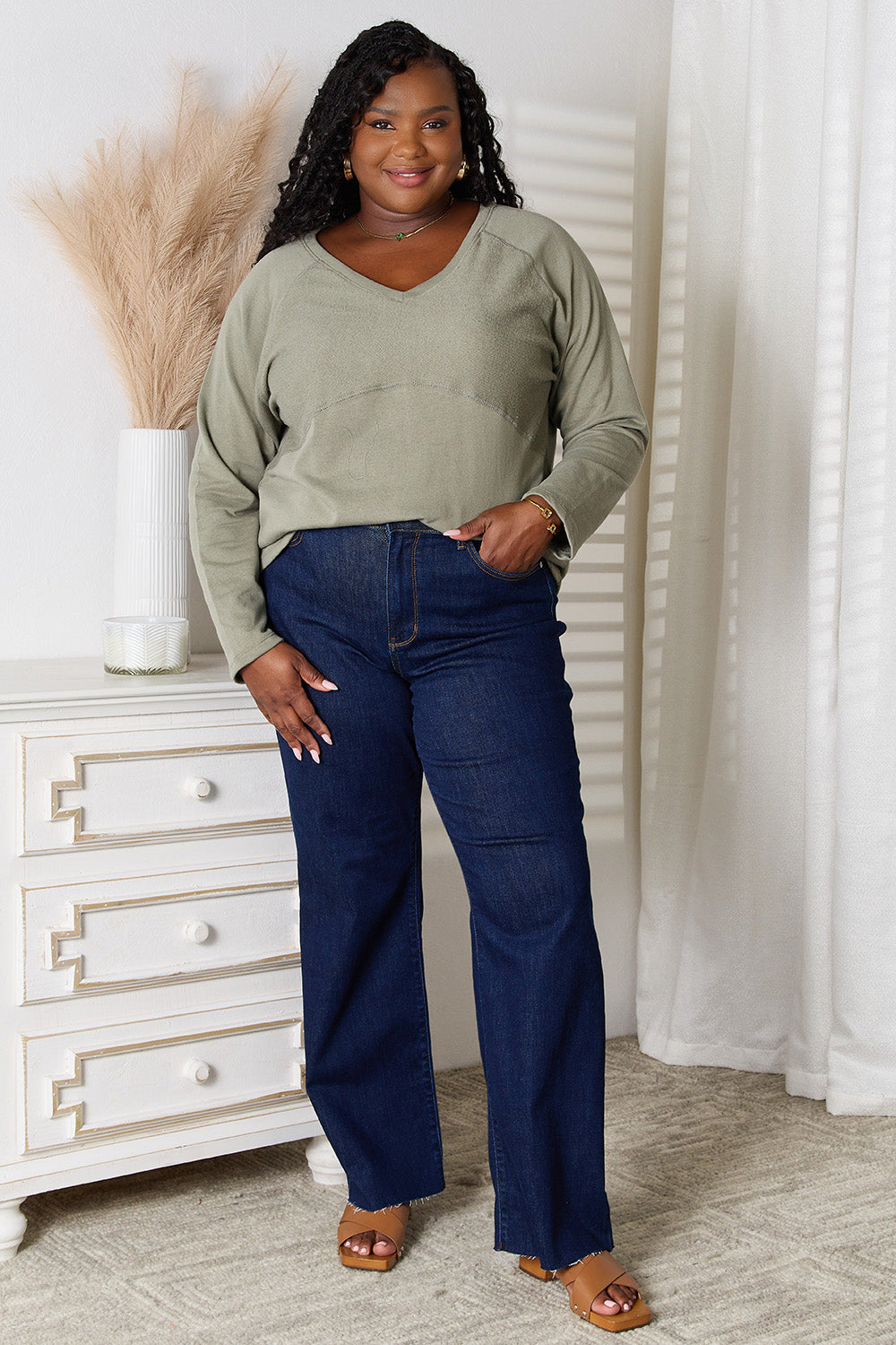 Culture Code  Full Size V-Neck Long Sleeve T-Shirt 