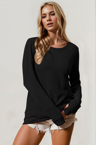 Double Take Corded Rib Thumbhole Cuff Round Neck T-Shirt 