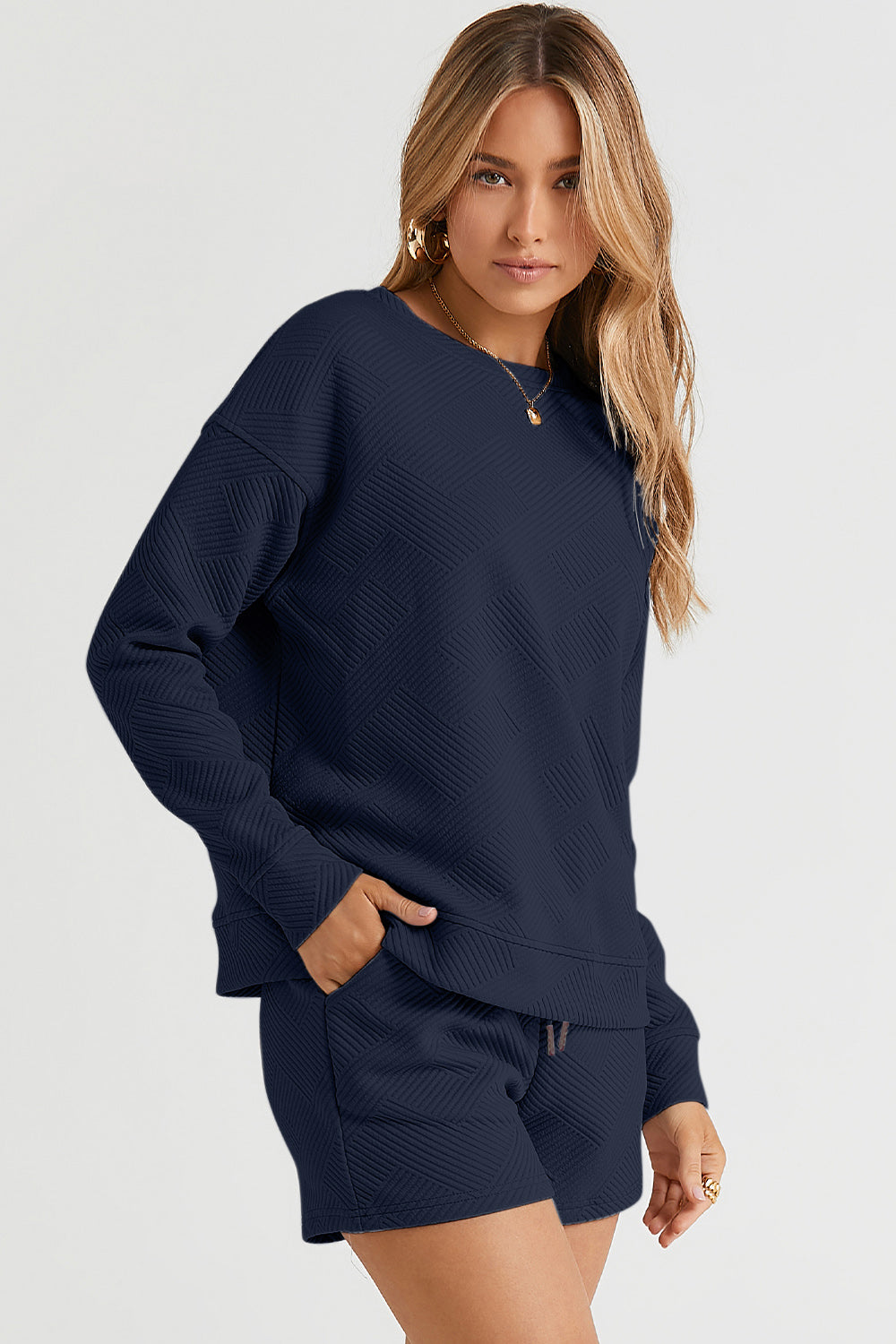 Double Take Full Size Texture Long Sleeve Top and Drawstring Shorts Set 