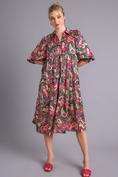 Umgee Full Size Paisley Print Satin Tiered Midi Dress Plus Size Dresses