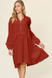 Double Take Full Size Texture Half Button Ruffle Trim Dress Dresses