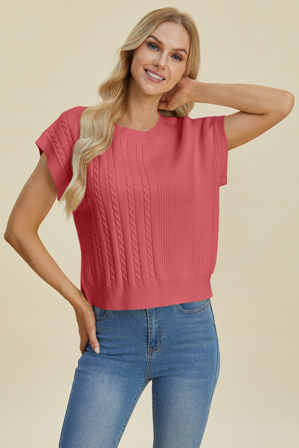 Double Take Full Size Cable-Knit Round Neck Short Sleeve Sweater 
