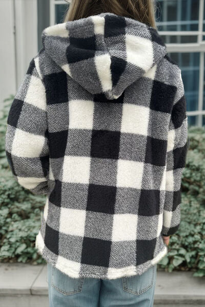 Double Take Full Size Plaid Long Sleeve Hooded Coat 