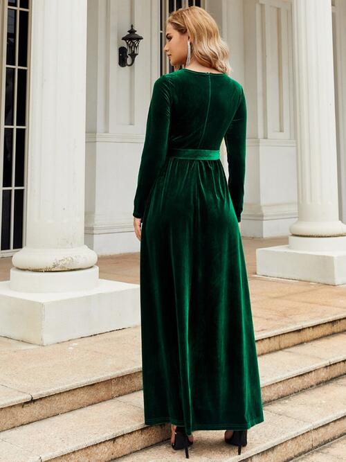 Tie Front Round Neck Long Sleeve Maxi Dress Dresses