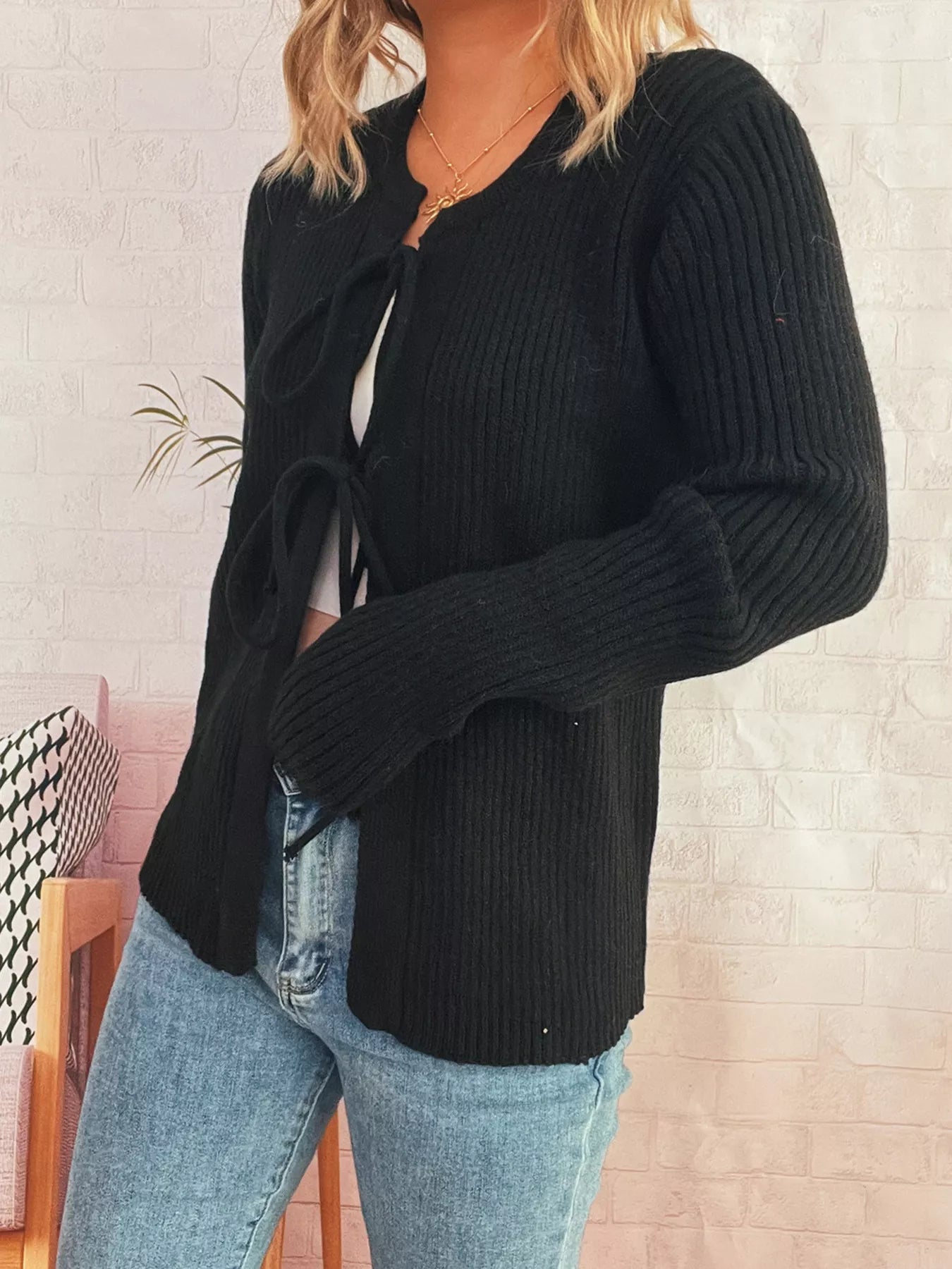 Ribbed Tie Front Long Sleeve Cardigan 