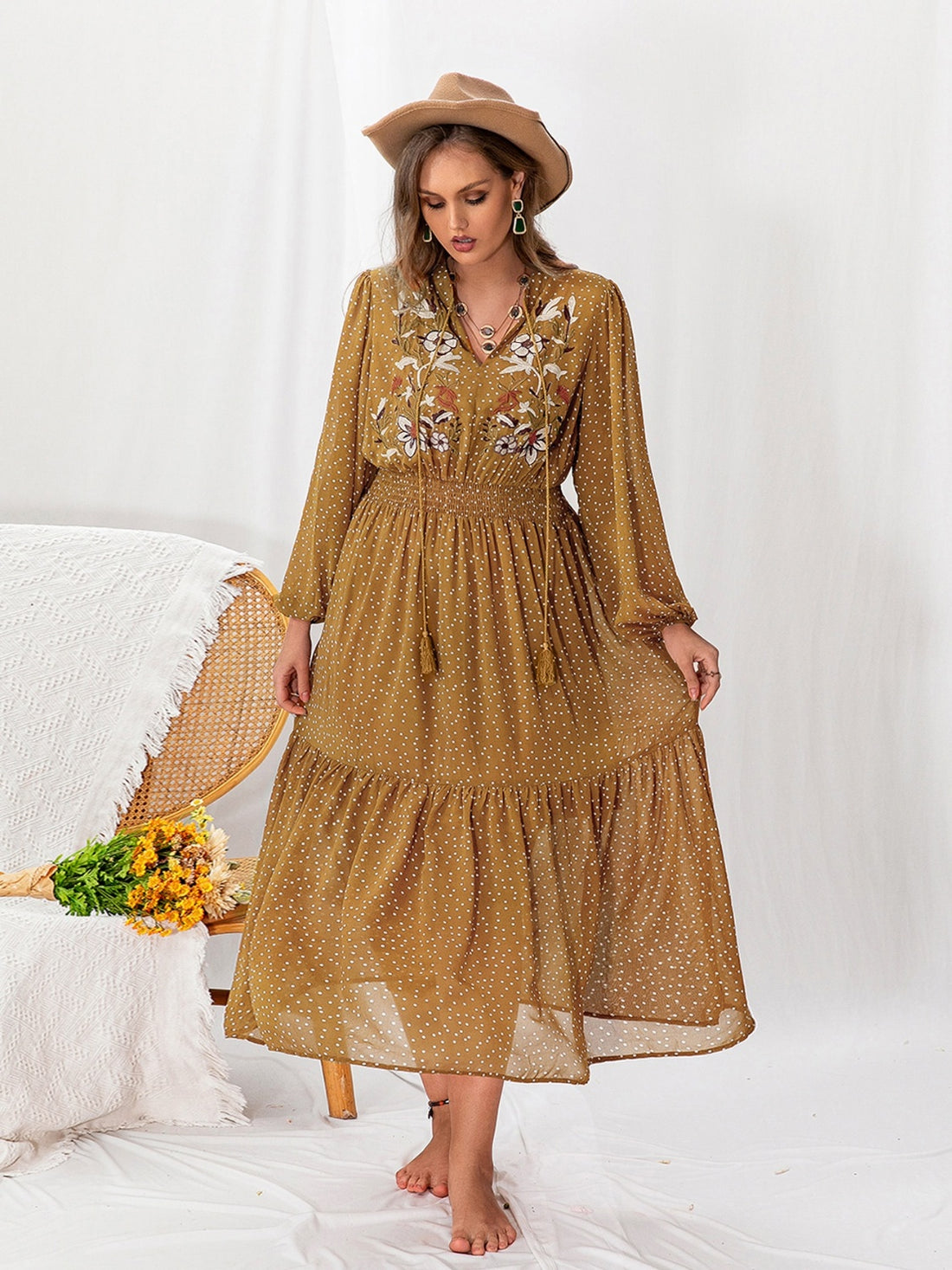 Plus Size Polka Dot Tie Neck Balloon Sleeve Maxi Dress 