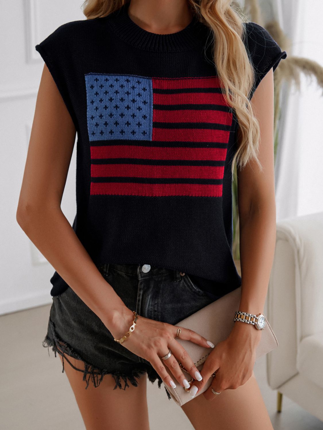 Devine US Flag Round Neck Sweater Vest 