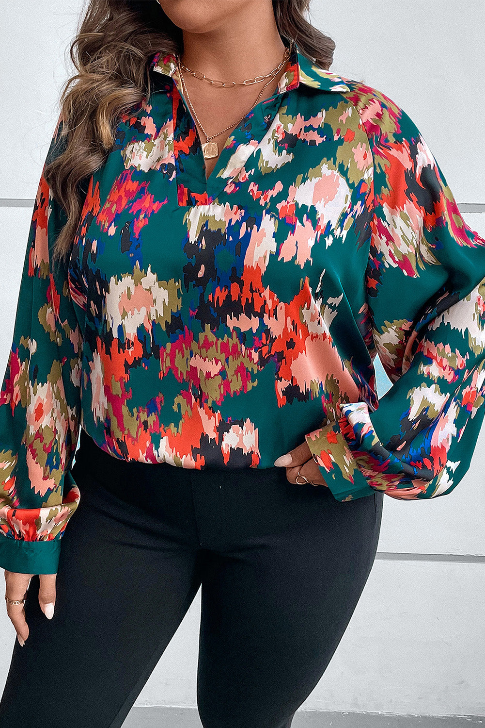 Plus Size Printed Johnny Collar Long Sleeve Blouse 