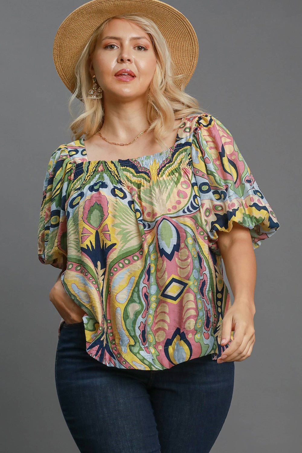 Umgee Full Size Abstract Print Smocked Square Neck Puff Sleeve Blouse 