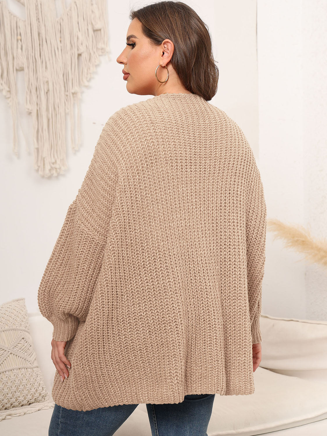 Plus Size Open Front Dropped Shoulder Knit Cardigan 