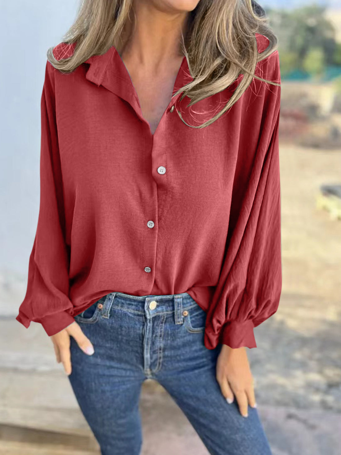 Full Size Collared Neck Long Sleeve Shirt 