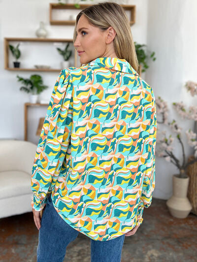 Double Take Full Size Printed Smocked Long Sleeve Blouse 
