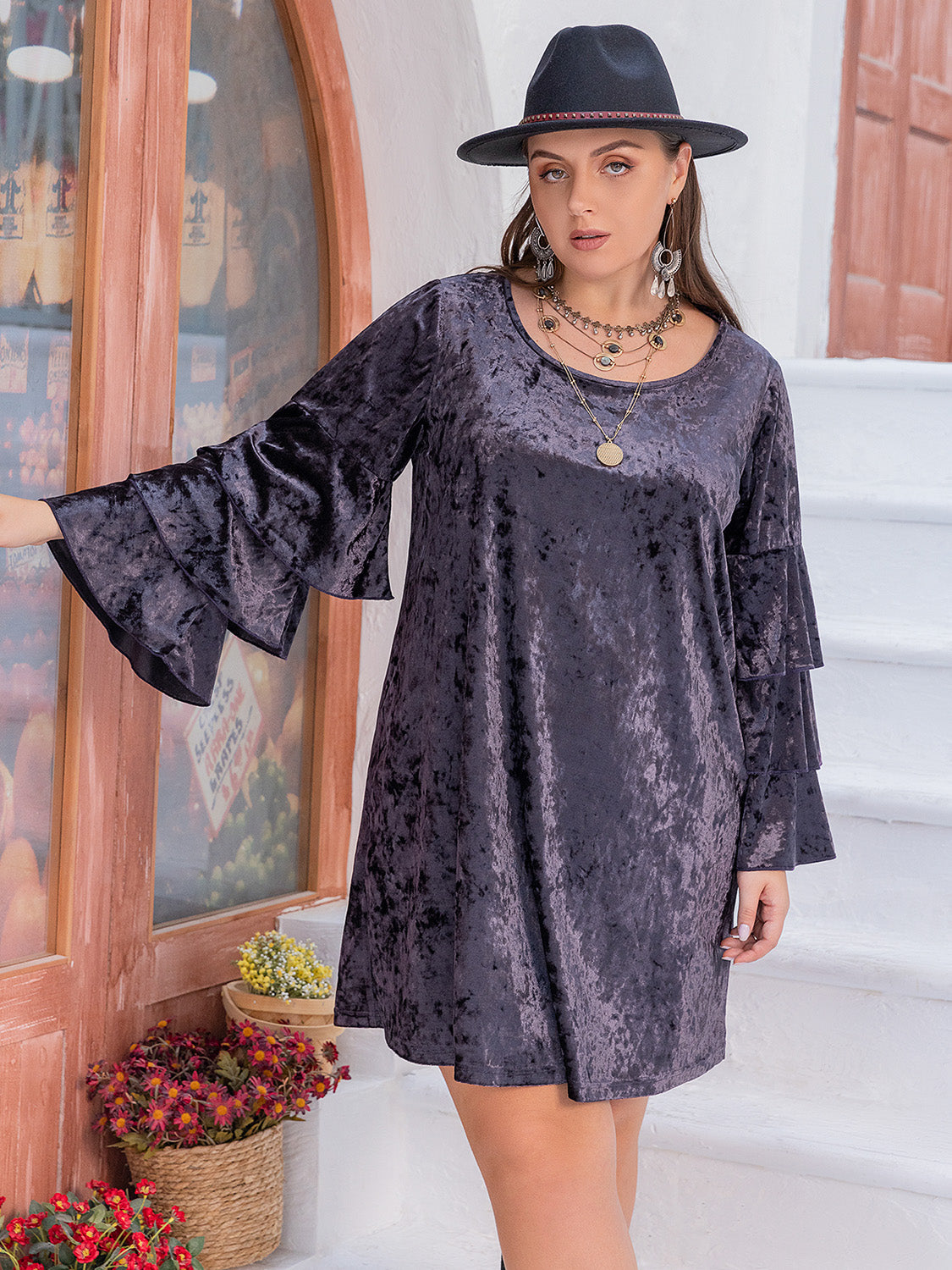 Plus Size Round Neck Flounce Sleeve Mini Dress 