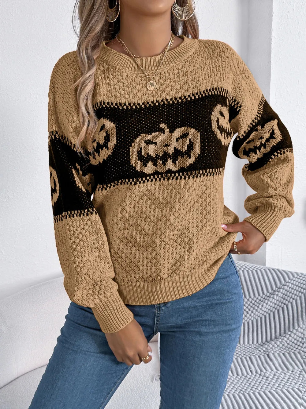 Pumpkin Round Neck Long Sleeve Sweater 