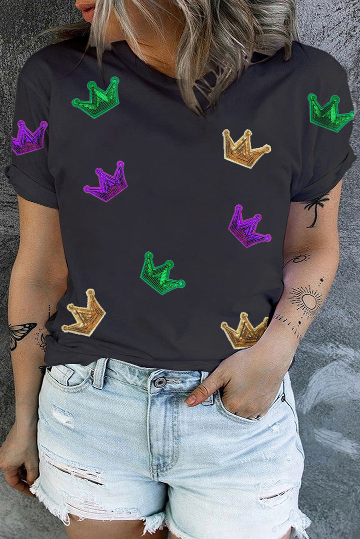 Plus Size Sequin Crown Print Round Neck T-Shirt 