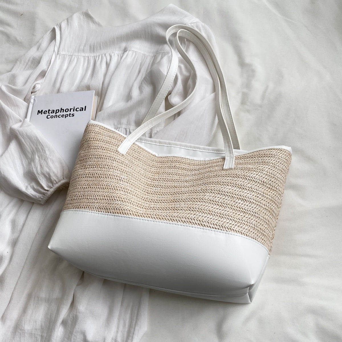 Straw Weave Leather Strap Tote Bag 