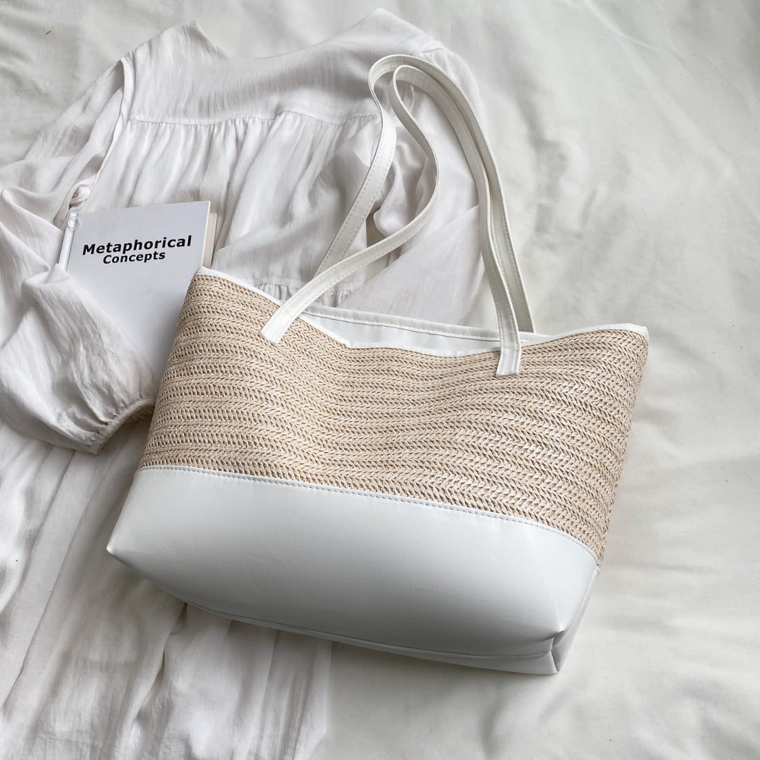 Straw Weave Leather Strap Tote Bag 