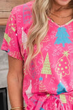 Printed V-Neck Short Sleeve Top and Pants Lounge Set Lingerie & Nightwear
