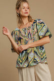 Umgee Full Size Abstract Print Smocked Square Neck Puff Sleeve Blouse 