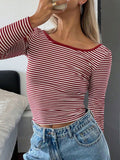 Devine Backless Striped Boat Neck Long Sleeve T-Shirt 