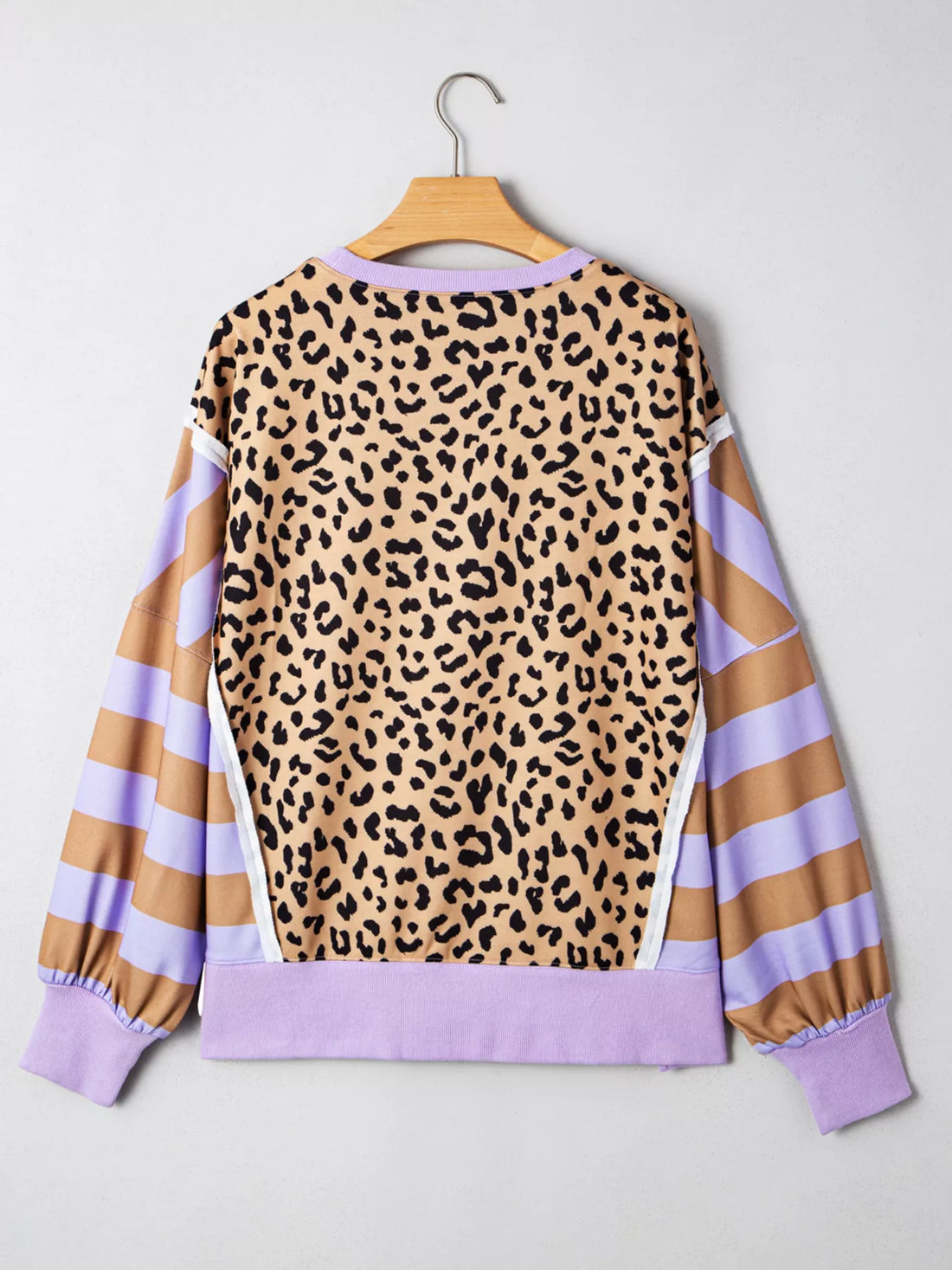 Stripe Color Block Patchwork Leopard Casual Sweatshirt with Slits 