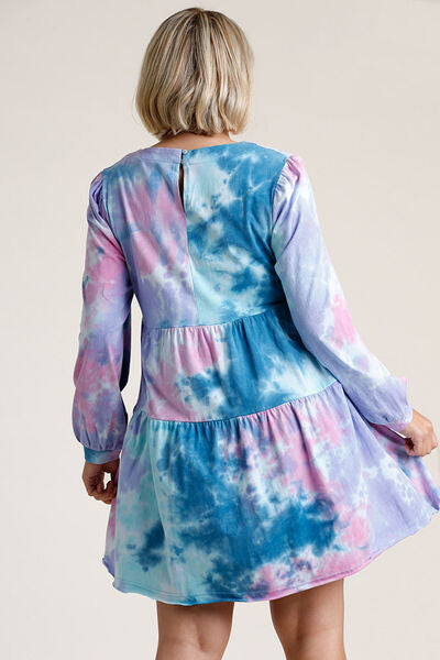Umgee Full Size Tie Dye Round Neck Long Sleeve Babydoll Tiered Dress Plus Size Dresses