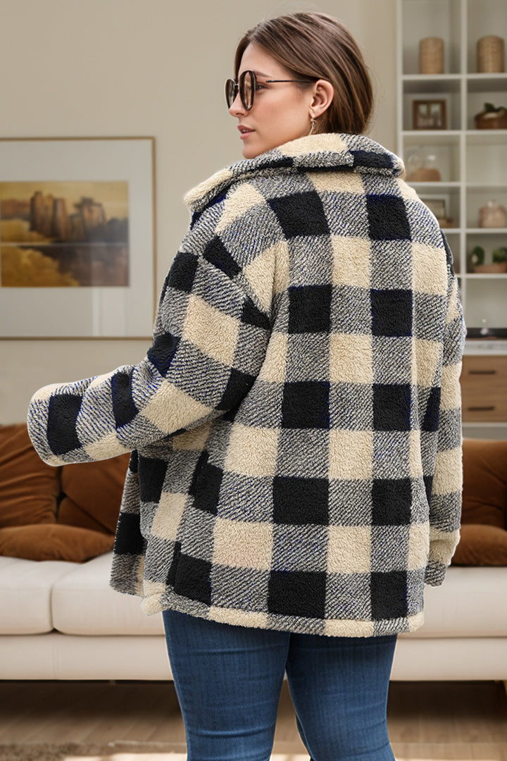 Plus Size Plaid Button Up Long Sleeve Coat 