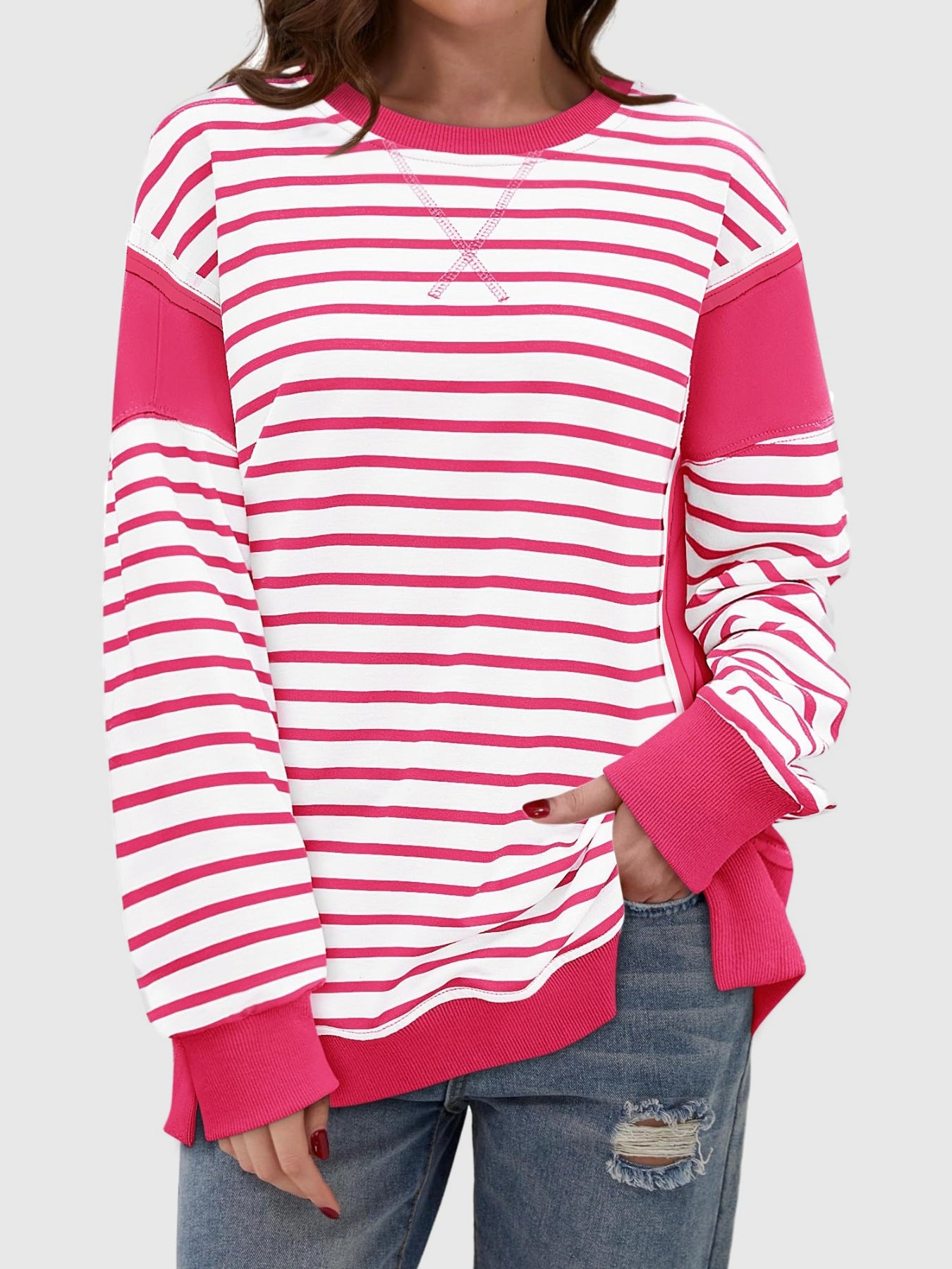 Slit Exposed Seam Striped Long Sleeve Sweatshirt 