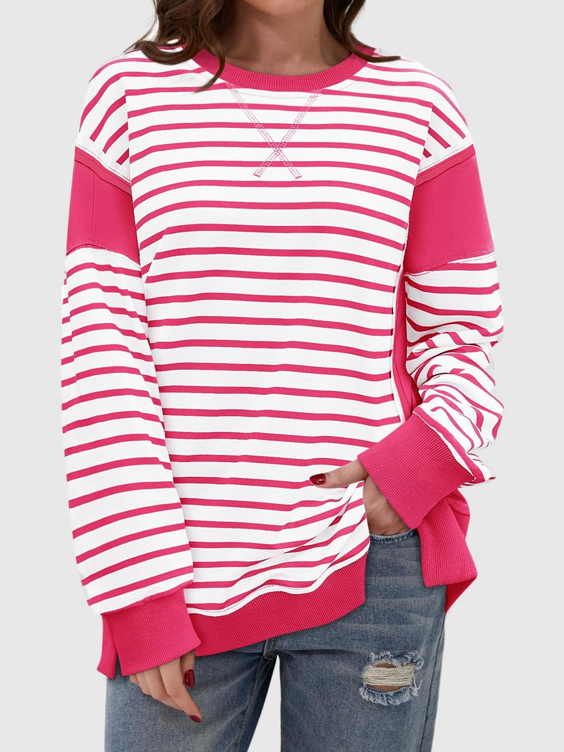 Slit Exposed Seam Striped Long Sleeve Sweatshirt 