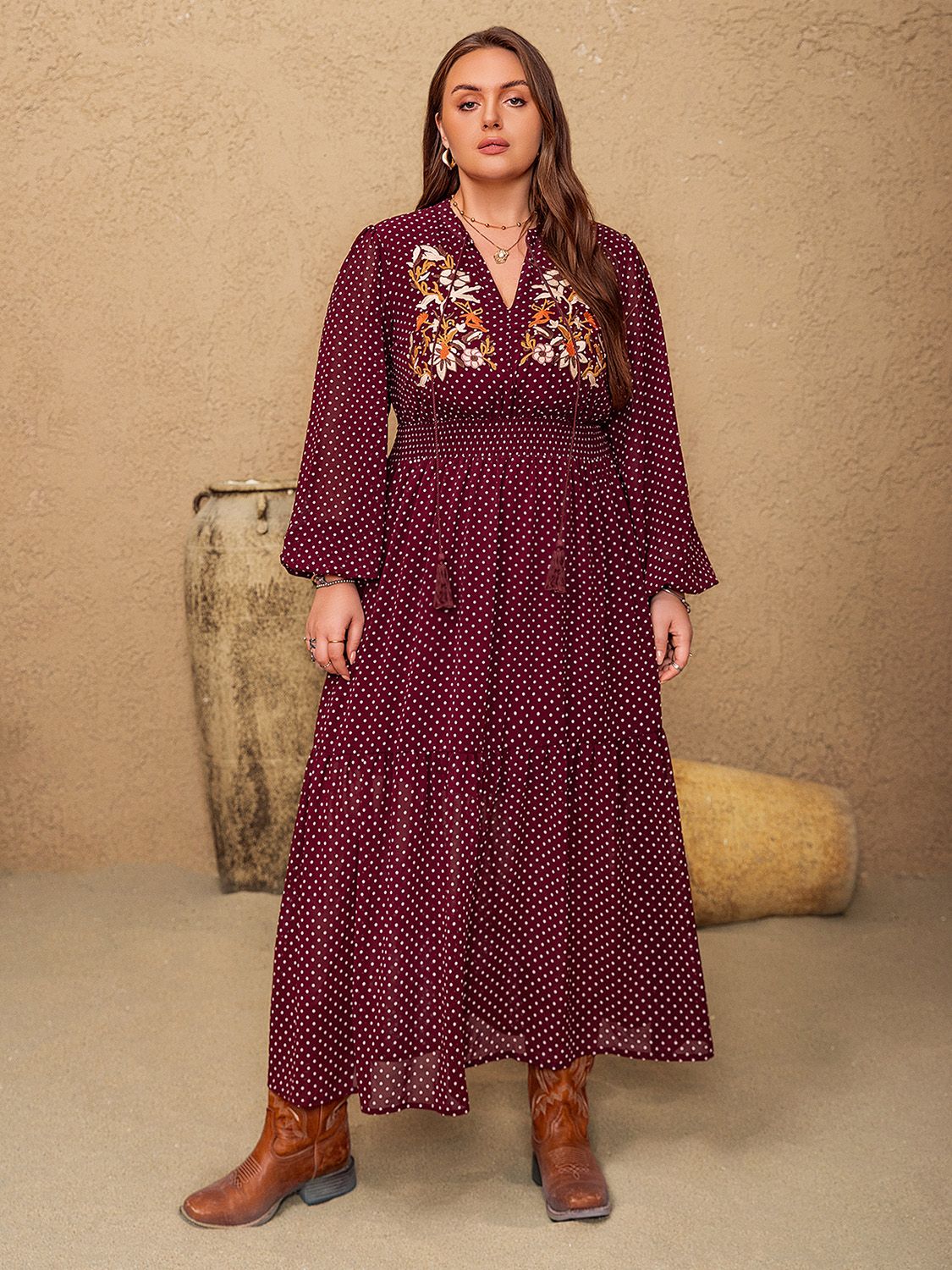 Plus Size Embroidered Polka Dot Tie Neck Long Sleeve Midi Dress 