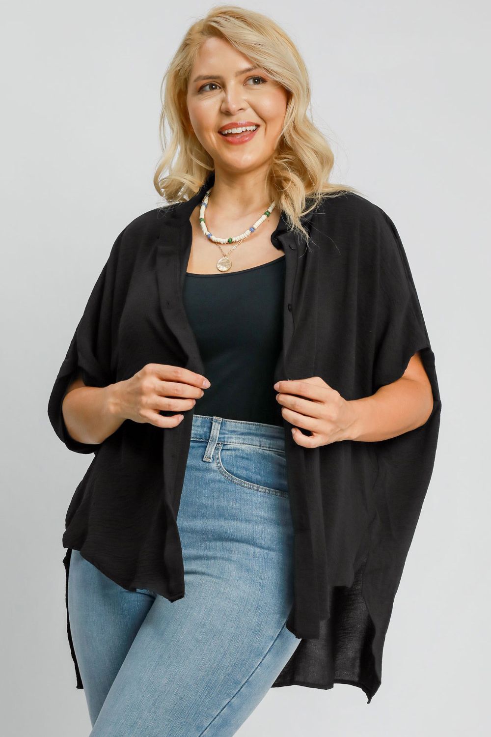 Umgee Full Size High-Low Button Up Short Sleeve Shirt 