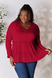 Double Take Half Button Long Sleeve Ruffle Hem Blouse 