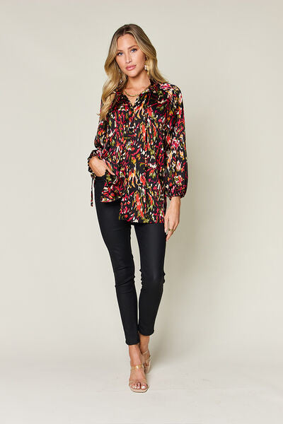 Double Take Full Size Printed Button Up Long Sleeve Shirt 
