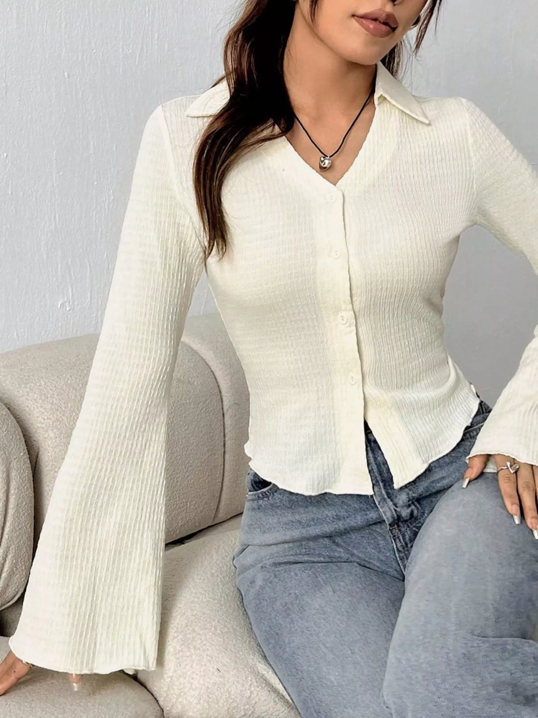 Button Up Flare Sleeve Shirt 