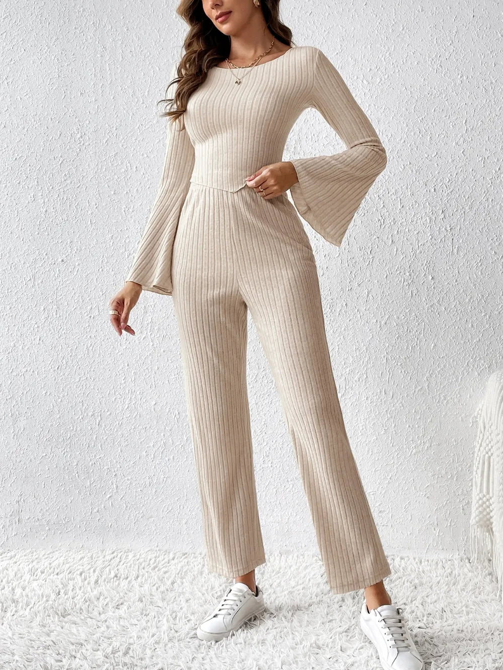 Ribbed Flare Sleeve Top and Pants Set 