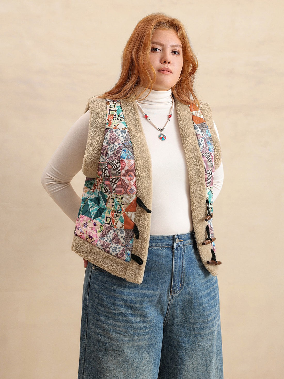 Plus Size Printed Sherpa Vest Coat 