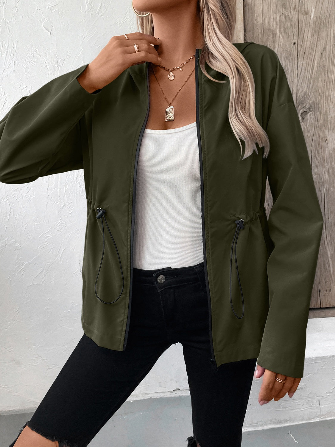 Ivy Lane Drawstring Zip Up Hooded Jacket 